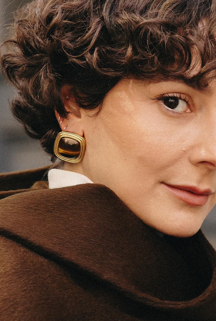 Petite Studio's Gold Square Tiger's Eye Stud Earrings