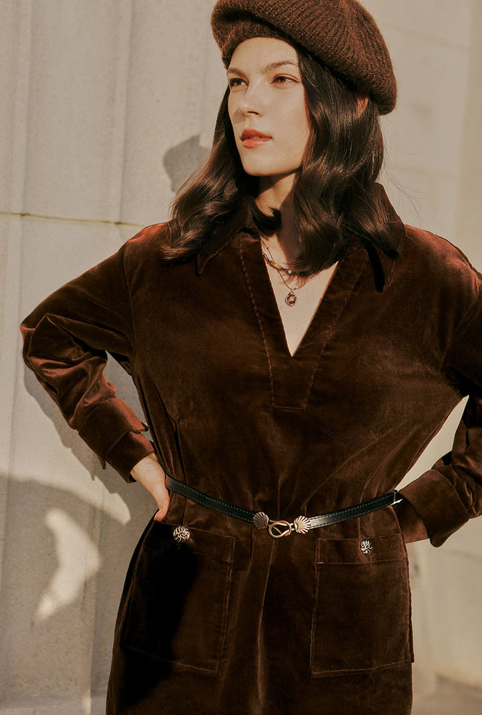 Petite Studio's Abby Corduroy Dress in Brown