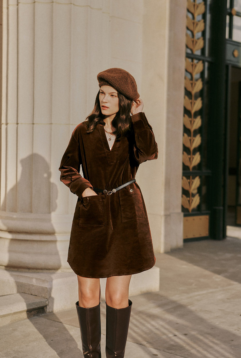 Petite Studio's Abby Corduroy Dress in Brown