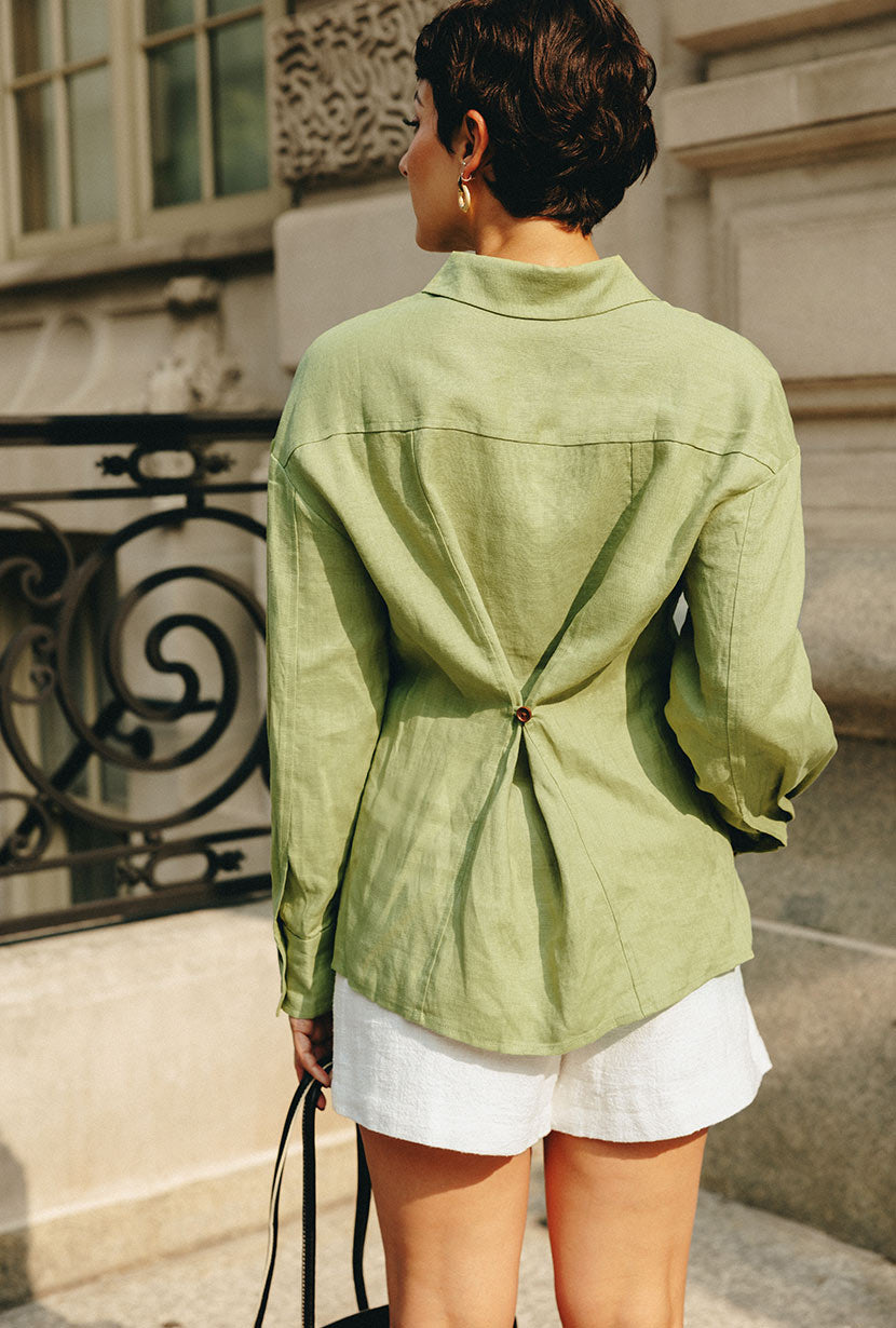 Petite Studio's Benoite Linen Shirt in Olive Green