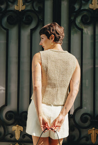 Petite Studio's Jamina Cotton Blend Tweed Vest in Camel
