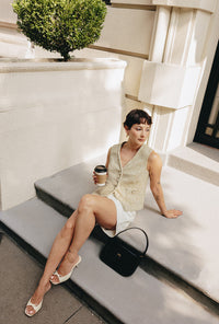 Petite Studio's Jamina Cotton Blend Tweed Vest in Camel