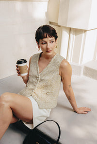 Petite Studio's Jamina Cotton Blend Tweed Vest in Camel