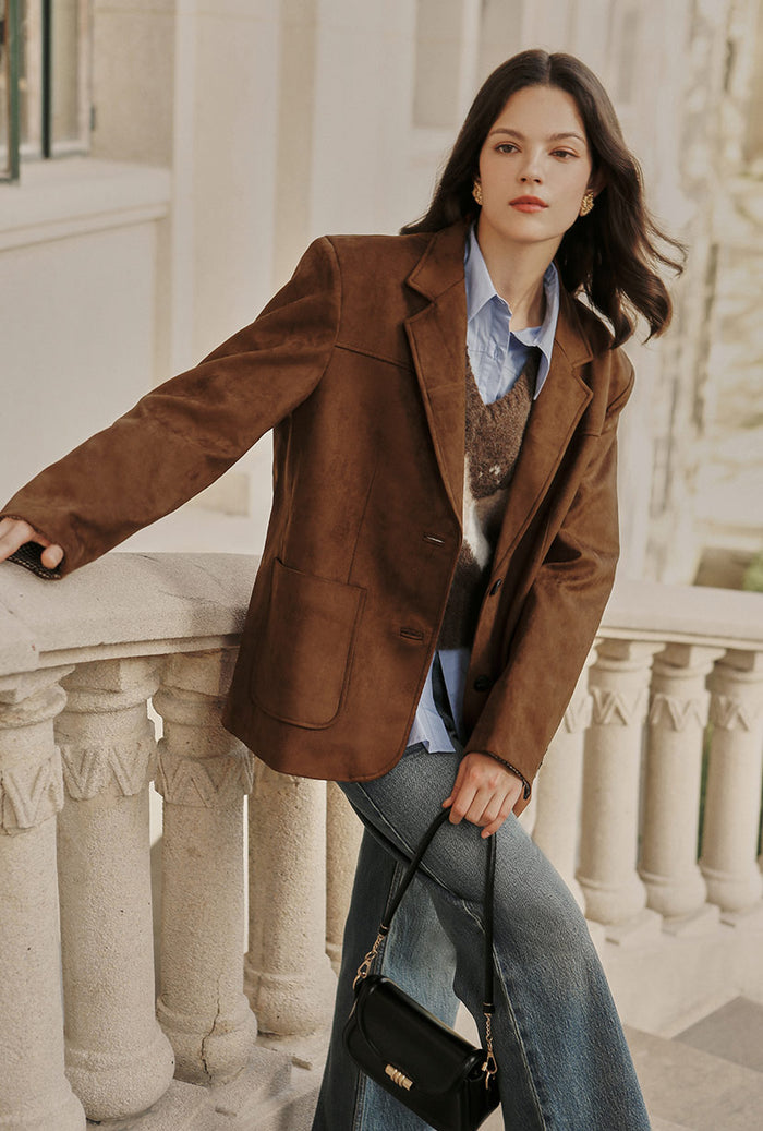 Petite Studio's Dominique Oversized Suede Blazer in Caramel