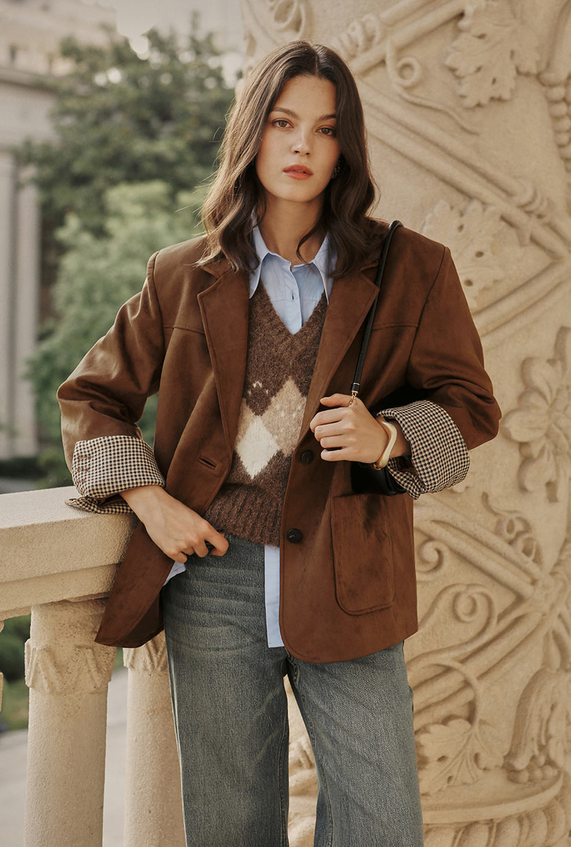 Petite Studio's Dominique Oversized Suede Blazer in Caramel