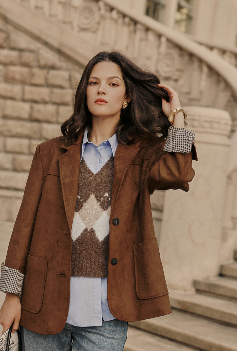 Petite Studio's Dominique Oversized Suede Blazer in Caramel