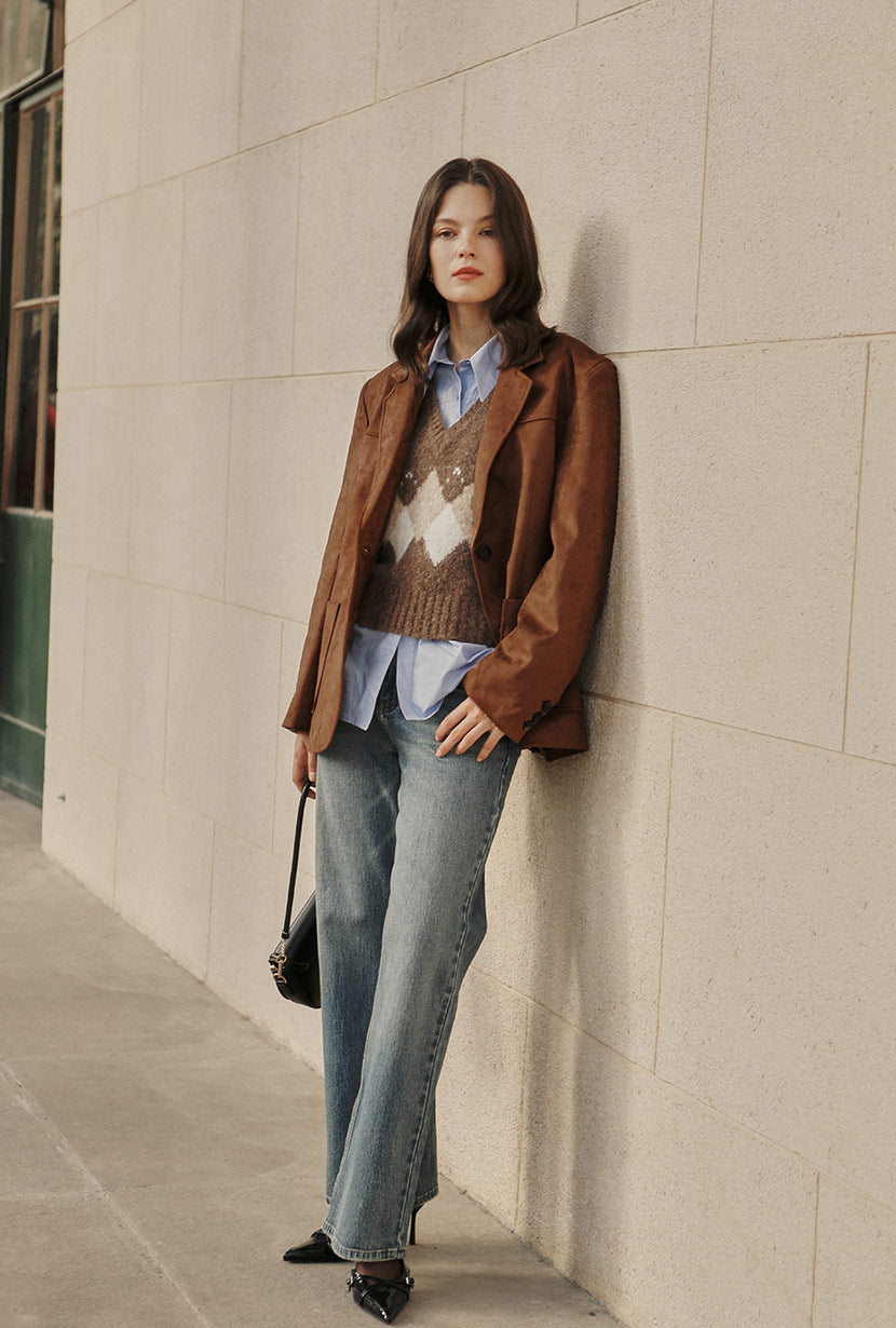Petite Studio's Dominique Oversized Suede Blazer in Caramel