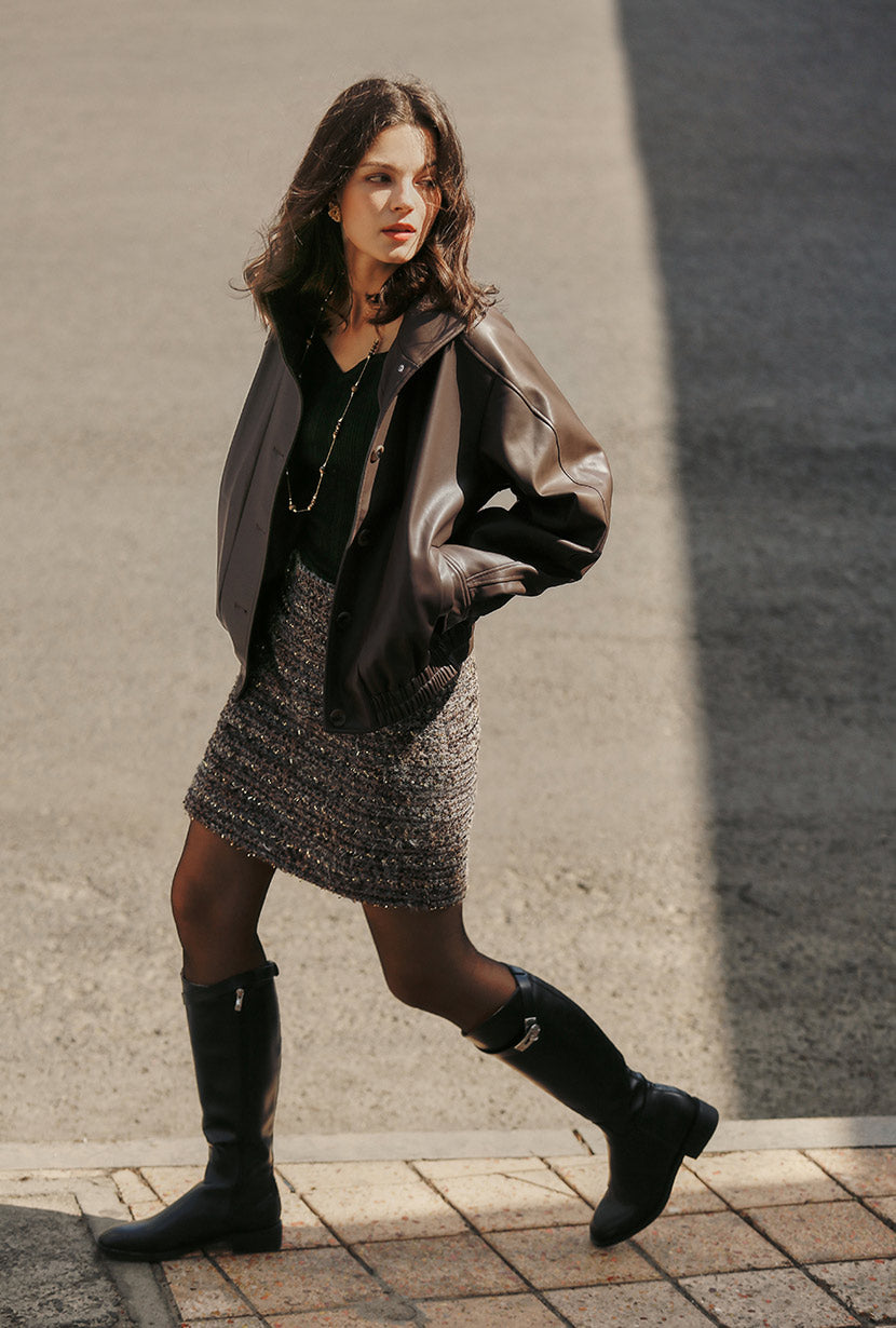 Petite Studio's Ashley Oversized Faux Leather Jacket in Dark Umber