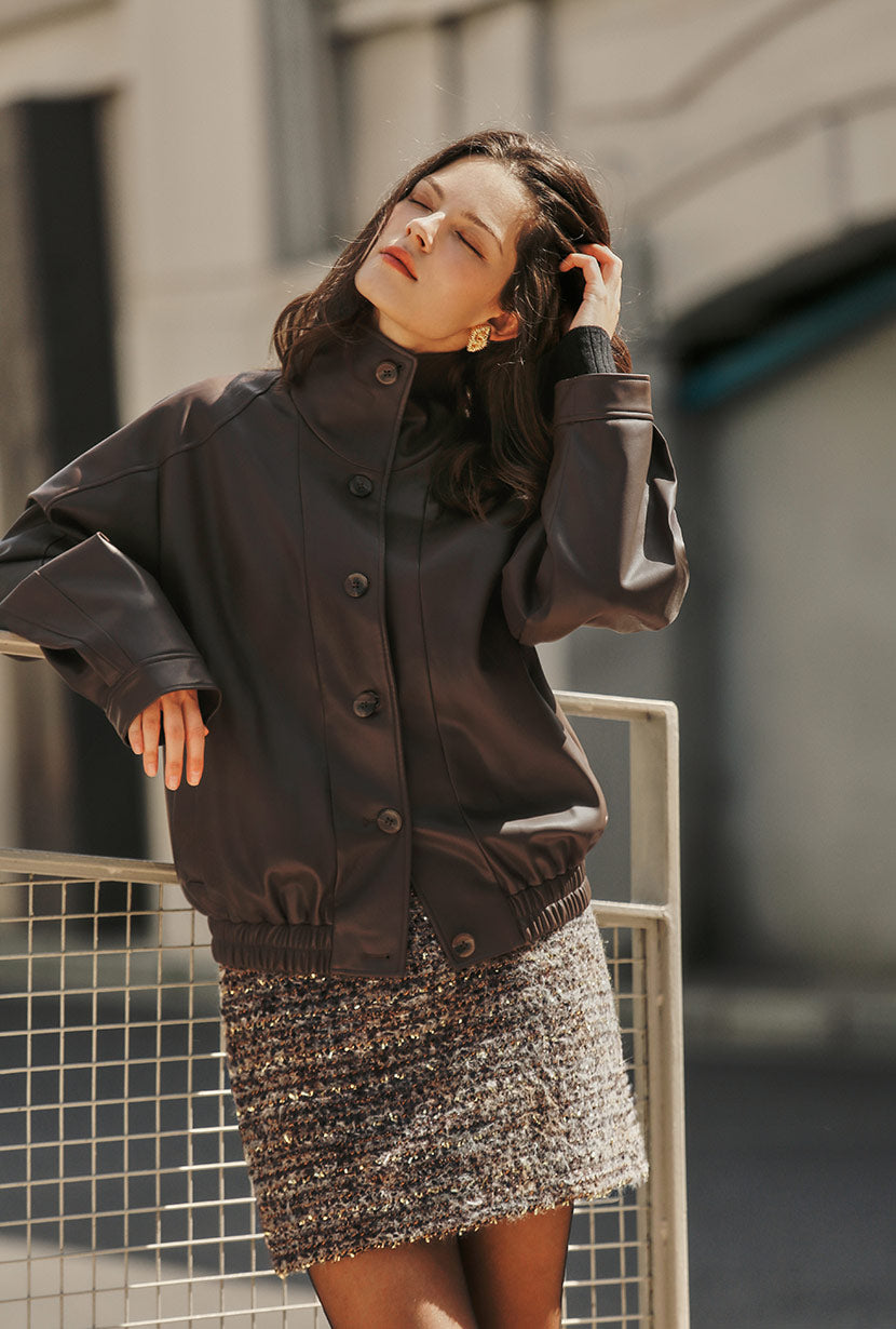 Petite Studio's Ashley Oversized Faux Leather Jacket in Dark Umber