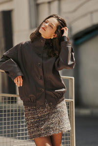 Petite Studio's Ashley Oversized Faux Leather Jacket in Dark Umber