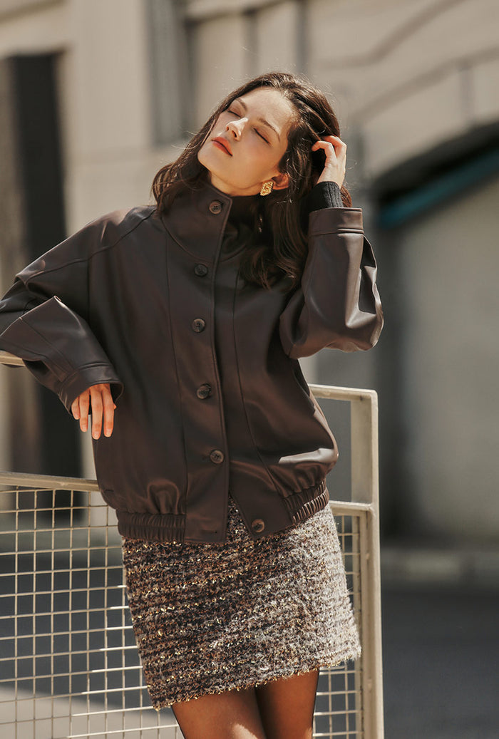 Petite Studio's Ashley Oversized Faux Leather Jacket in Dark Umber