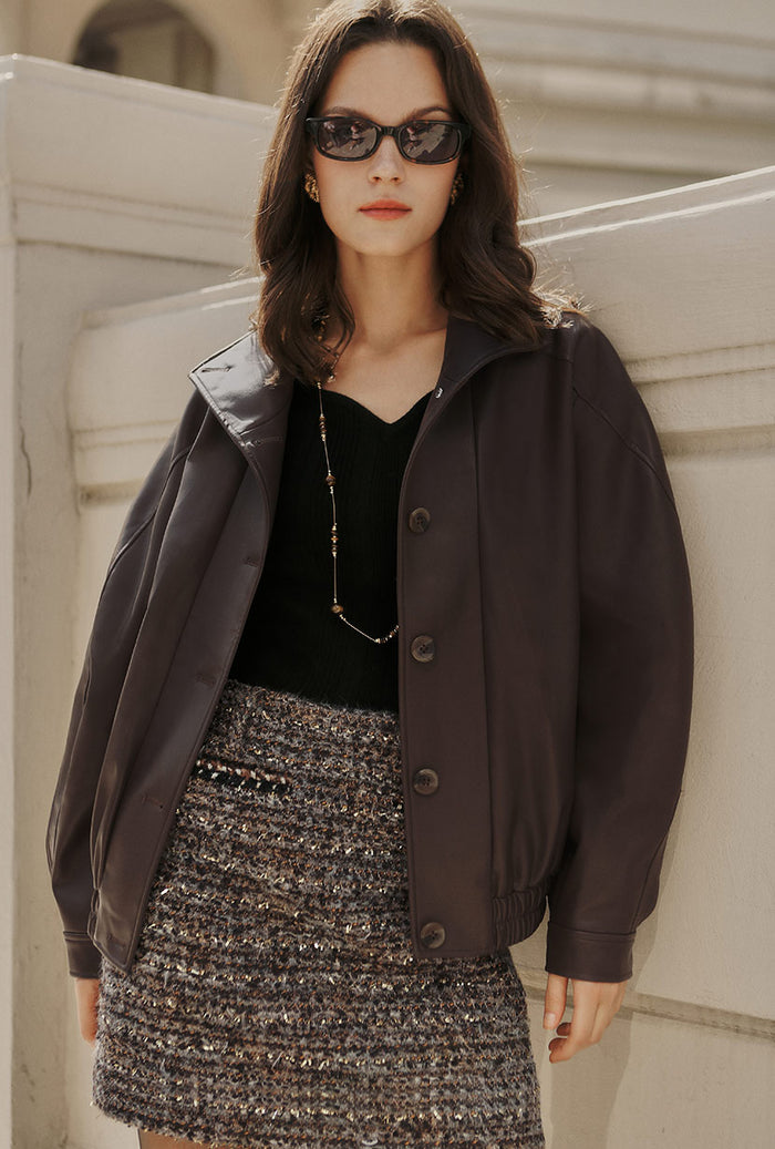 Petite Studio's Ashley Oversized Faux Leather Jacket in Dark Umber