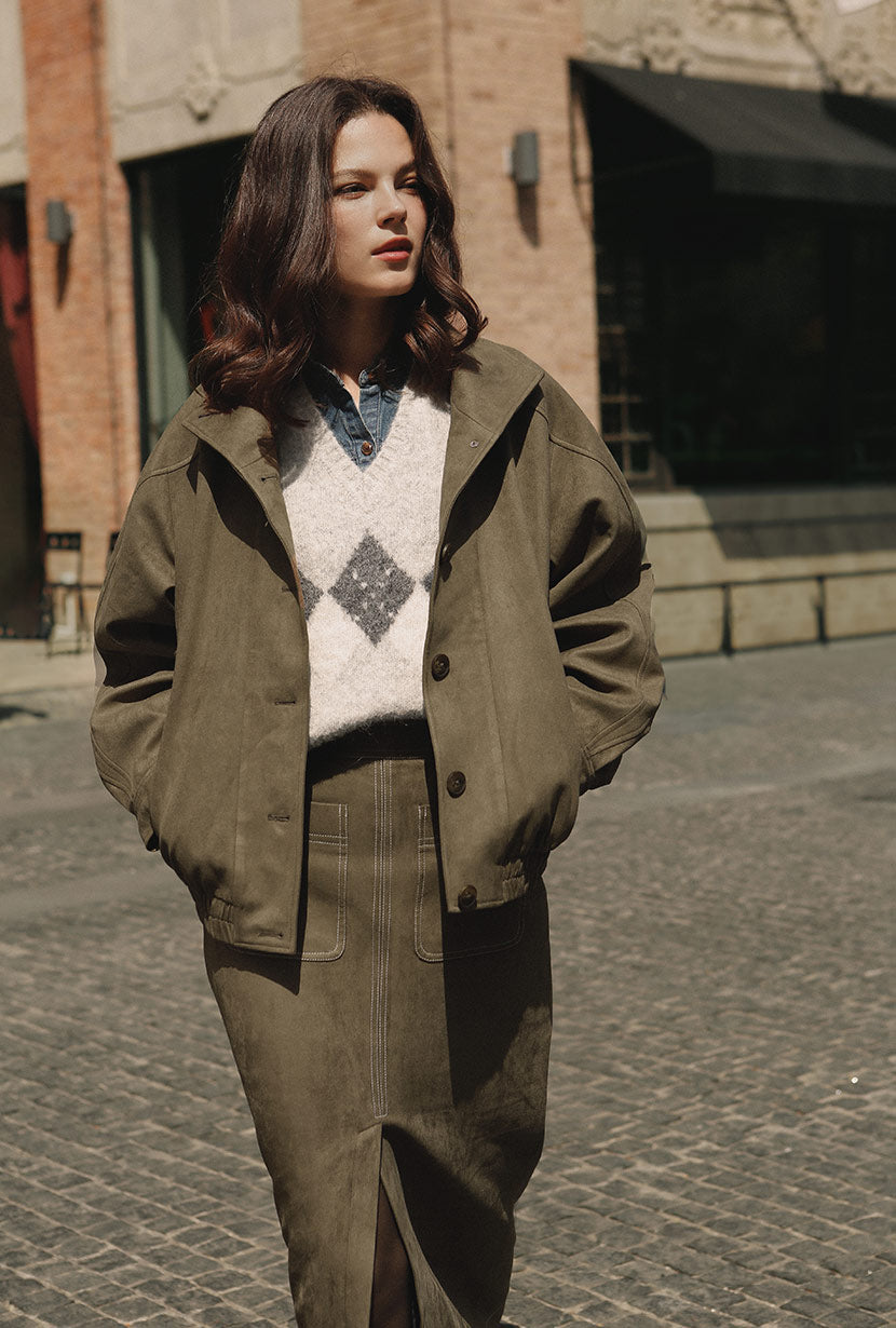 Petite Studio's Ashley Oversized Suede Jacket in Kahki Green