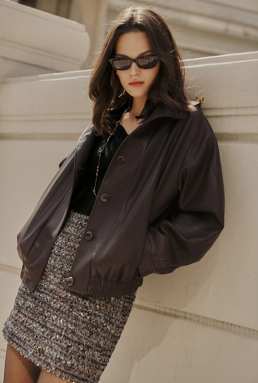 Petite Studio's Ashley Oversized Faux Leather Jacket in Dark Umber