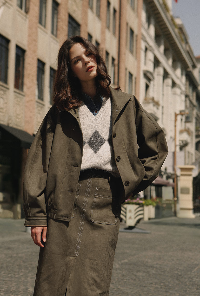 Petite Studio's Ashley Oversized Suede Jacket in Kahki Green