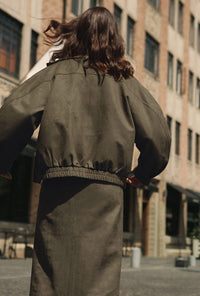 Petite Studio's Ashley Oversized Suede Jacket in Kahki Green