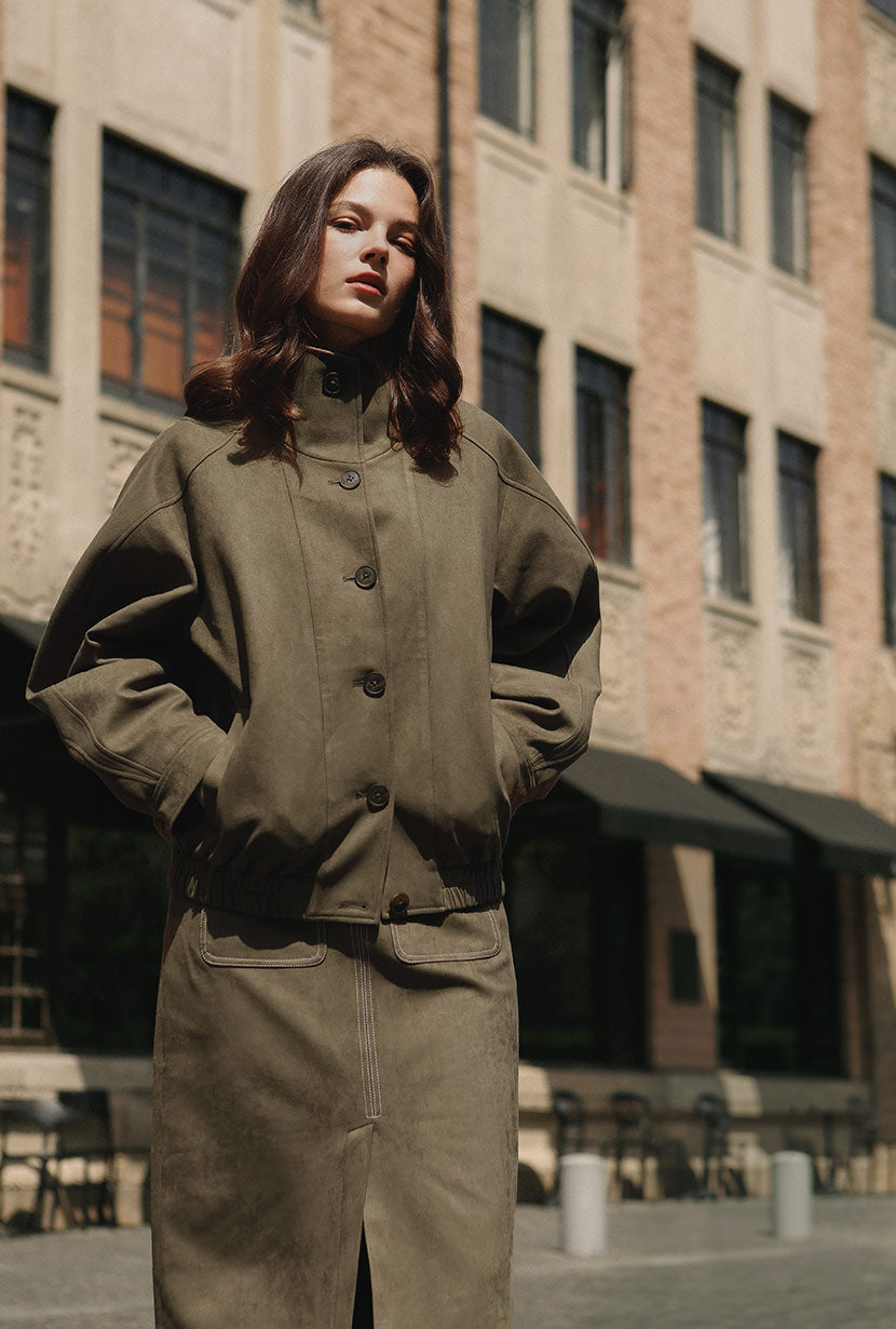 Petite Studio's Ashley Oversized Suede Jacket in Kahki Green