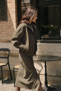 Petite Studio's Ashley Oversized Suede Jacket in Kahki Green