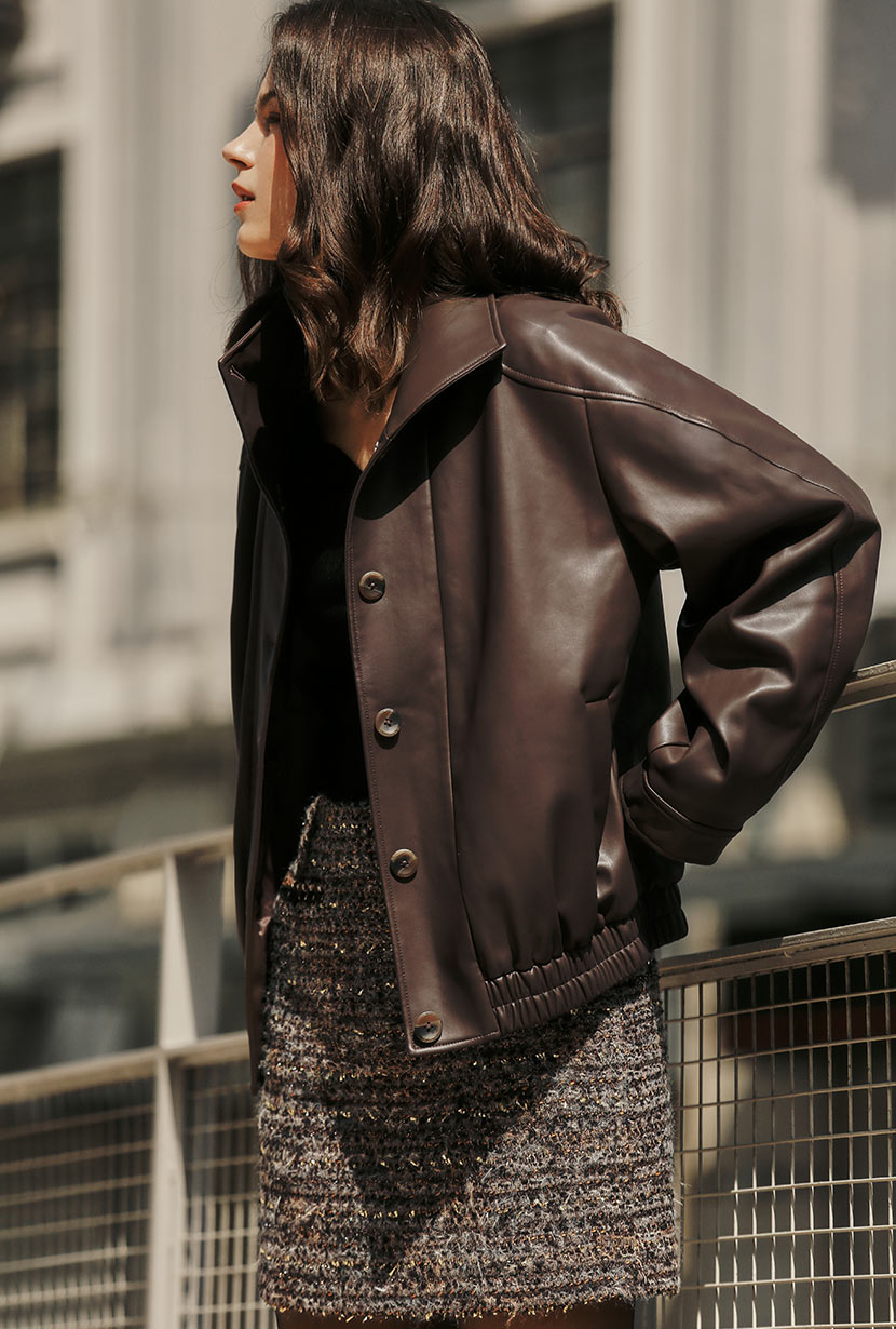 Petite Studio's Ashley Oversized Faux Leather Jacket in Dark Umber