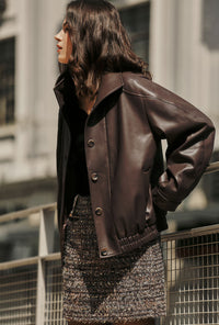 Petite Studio's Ashley Oversized Faux Leather Jacket in Dark Umber