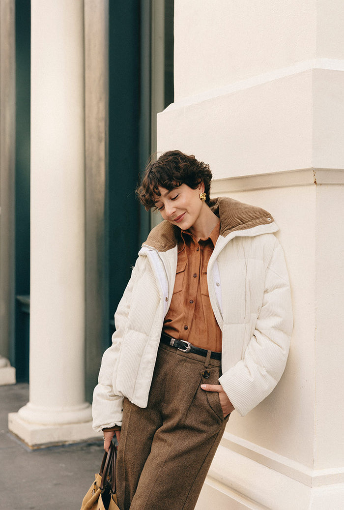 Petite Studio's Carter Corduroy Down Jacket in Ivory