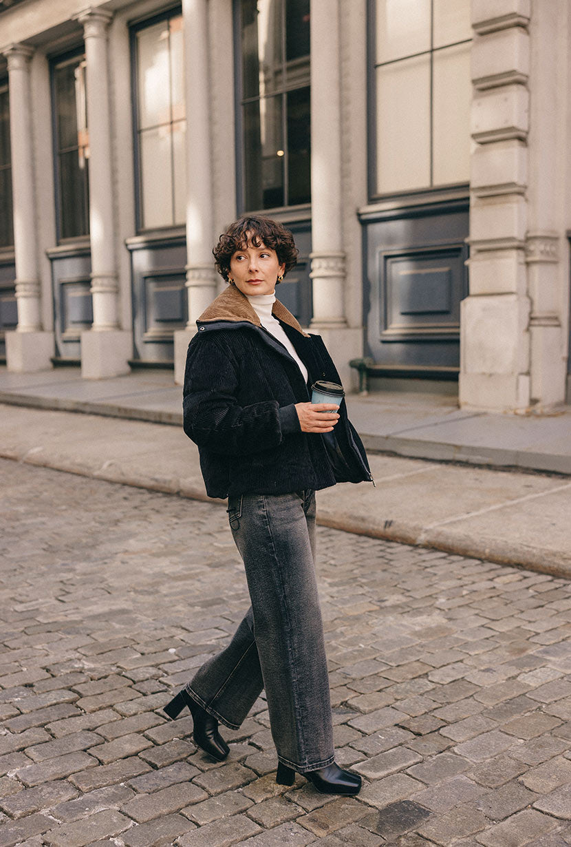 Petite Studio's Carter Corduroy Down Jacket in Black