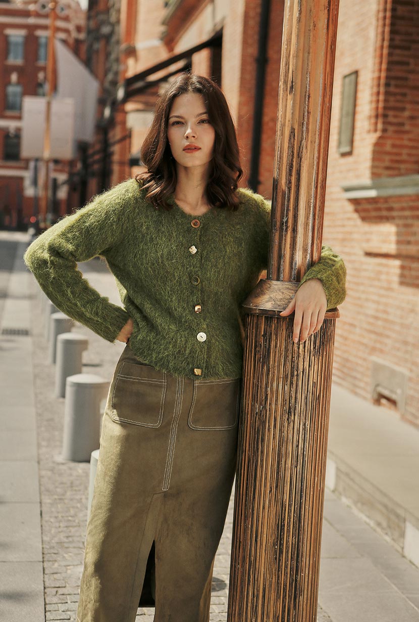 Petite Studio's Brayden Alpaca Cardigan in Olive Green