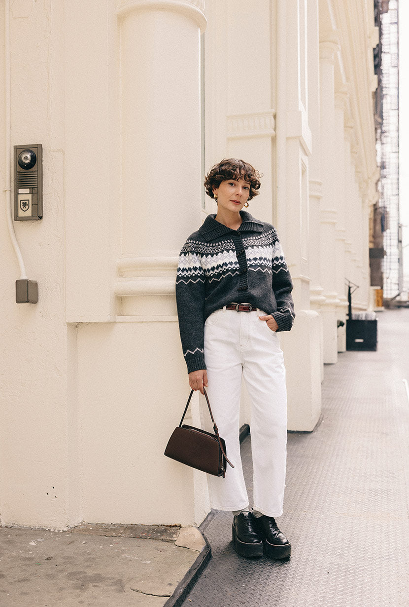 Petite Studio's Cohen Fair Isle Wool Cardigan in Charcoal