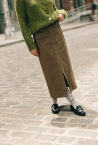 Petite Studio's Debbie Suede Pencil Skirt in Kahki Green