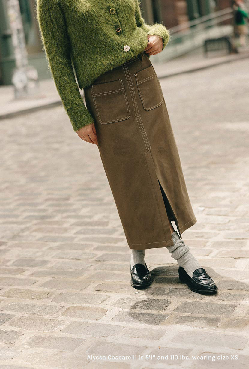 Petite Studio's Debbie Suede Pencil Skirt in Kahki Green