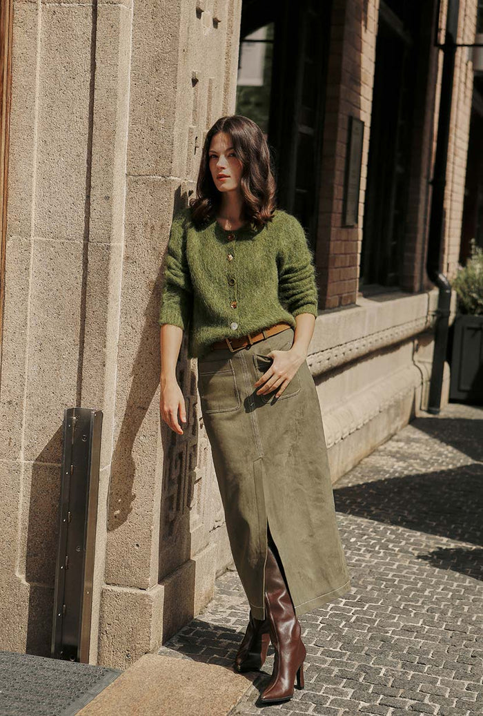 Petite Studio's Debbie Suede Pencil Skirt in Kahki Green