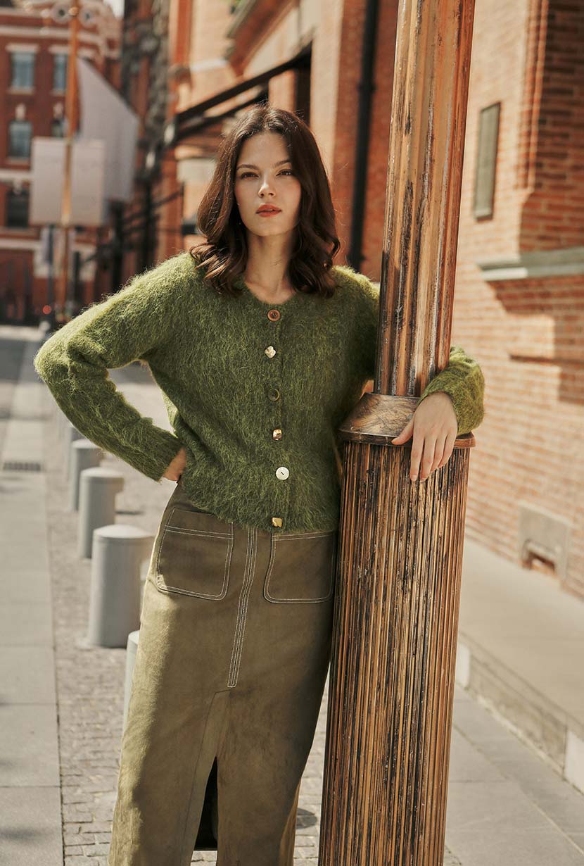 Petite Studio's Debbie Suede Pencil Skirt in Kahki Green