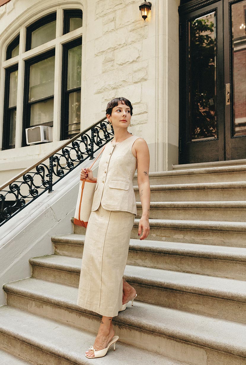 Petite Studio NYC's Teigan Linen Pencil Skirt in Oat