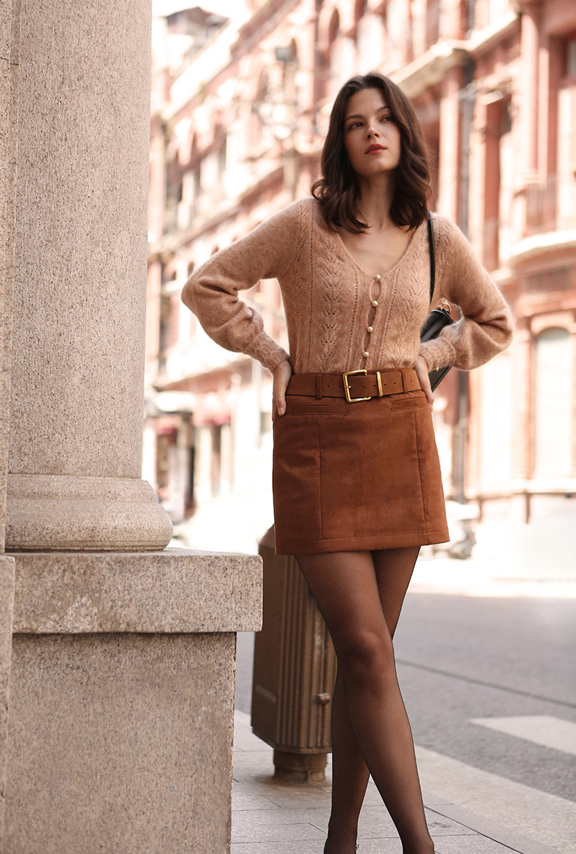 Petite Studio's Ashton Mini Suede Skirt in Caramel