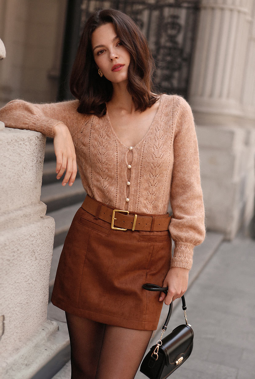 Petite Studio's Ashton Mini Suede Skirt in Caramel