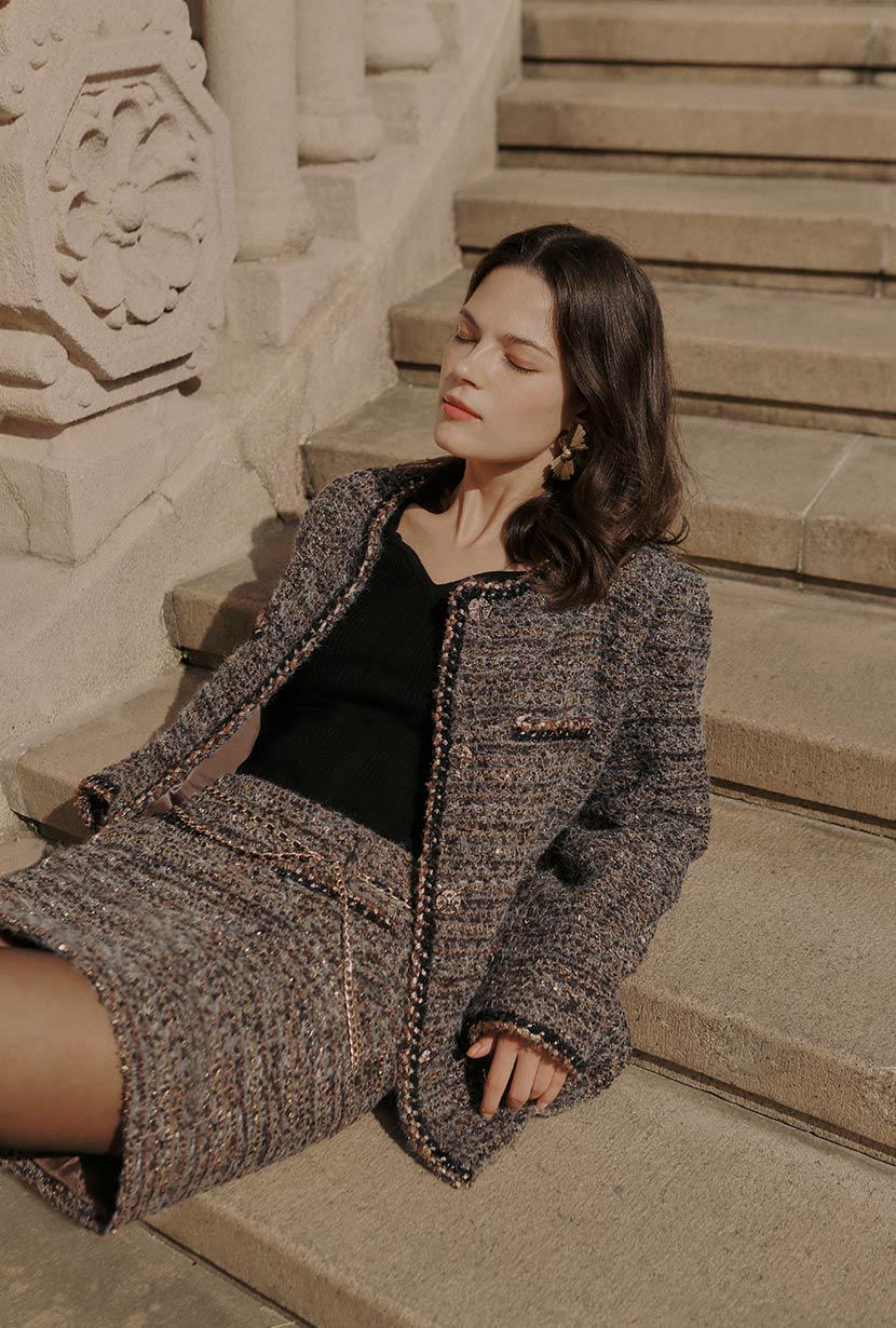 Petite Studio's Ashton Mini Wool Tweed Skirt in Charcoal