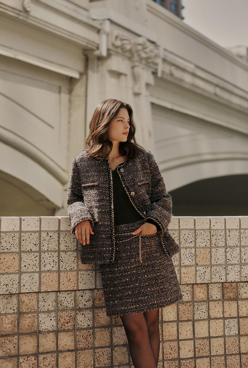 Petite Studio's Ashton Mini Wool Tweed Skirt in Charcoal