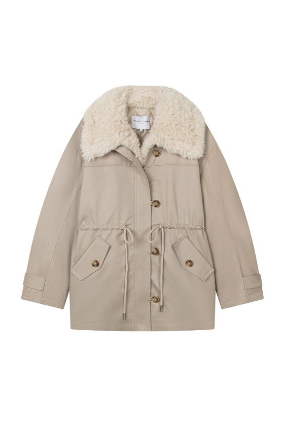 Petite Studio's Candice Faux Fur Parka Coat in Sand