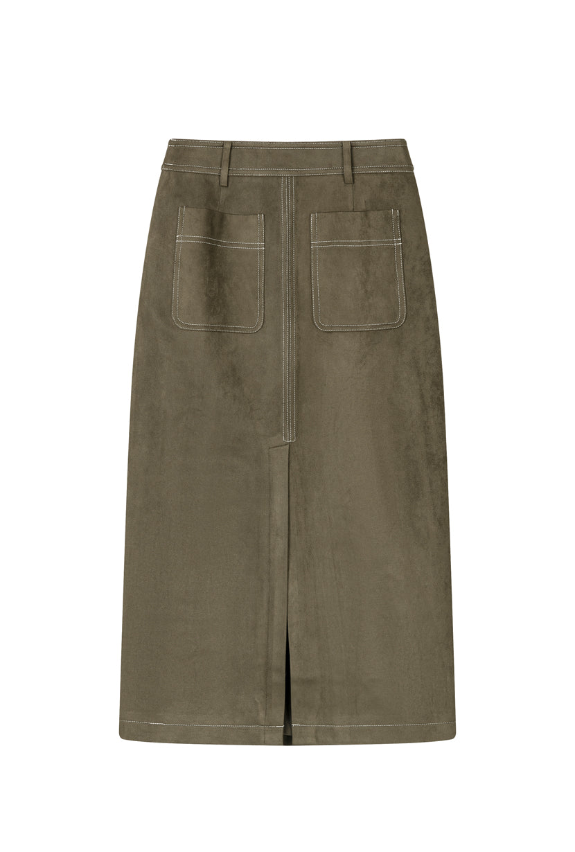 Petite Studio's Debbie Suede Pencil Skirt in Kahki Green
