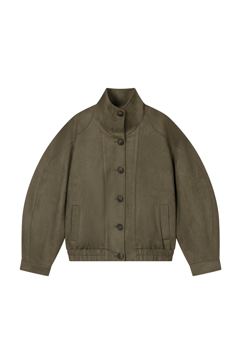 Petite Studio's Ashley Oversized Suede Jacket in Kahki Green
