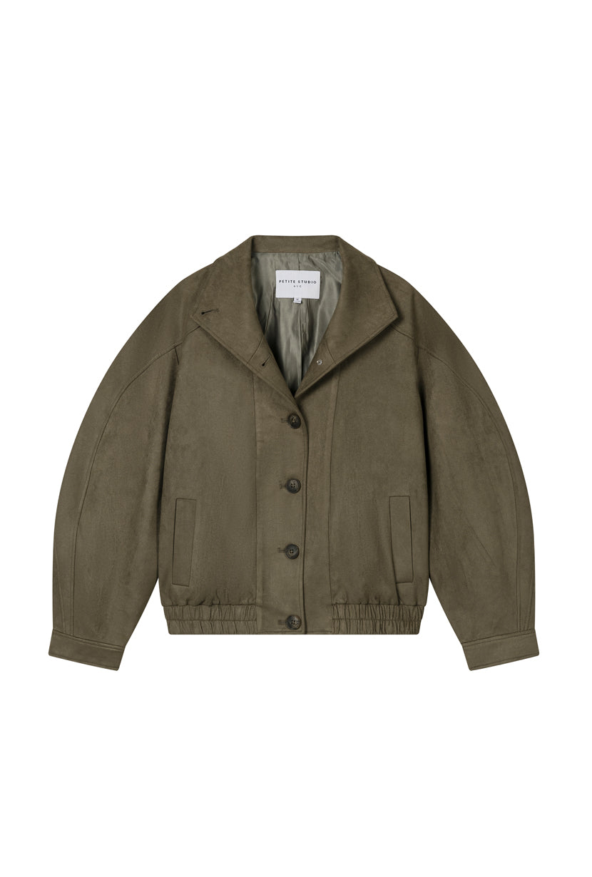 Petite Studio's Ashley Oversized Suede Jacket in Kahki Green
