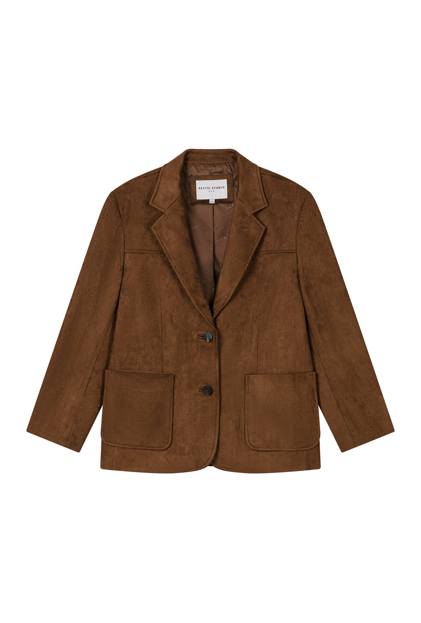 Petite Studio's Dominique Oversized Suede Blazer in Caramel