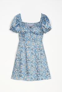 Maisy Dress - Blue Floral - blue floral flared mini dress with sweetheart neckline and ruffle at neckline and sleeve - Petite Studio NYC