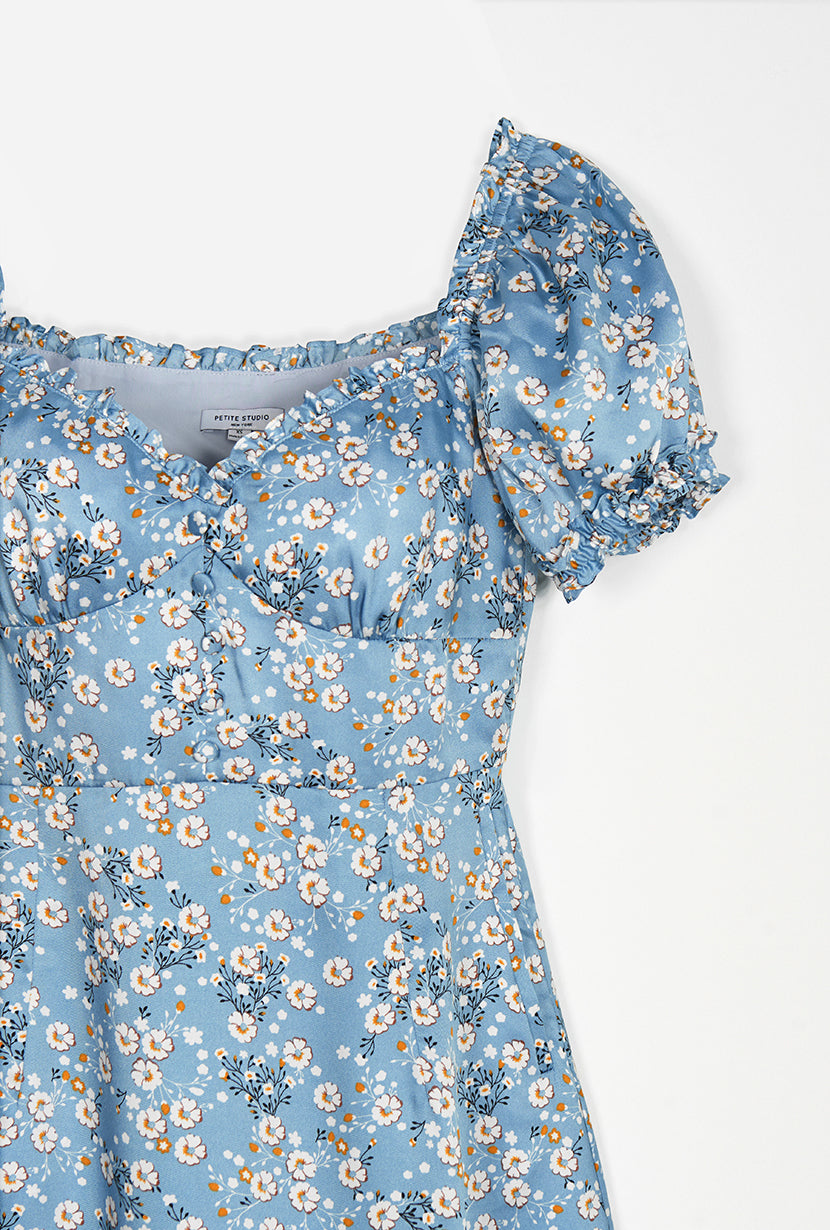 Maisy Dress - Blue Floral - blue floral flared mini dress with sweetheart neckline and ruffle at neckline and sleeve - Petite Studio NYC