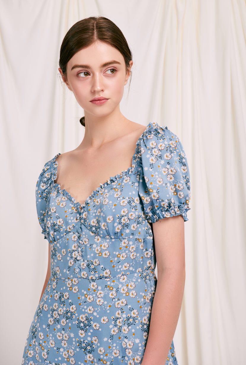 Maisy Dress - Blue Floral - blue floral flared mini dress with sweetheart neckline and ruffle at neckline and sleeve - Petite Studio NYC
