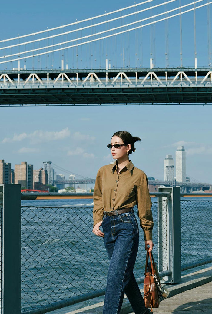 Petite Studio's Brenda Cotton Blend Shirt in Olive Brown