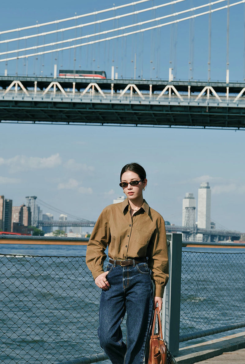 Petite Studio's Brenda Cotton Blend Shirt in Olive Brown