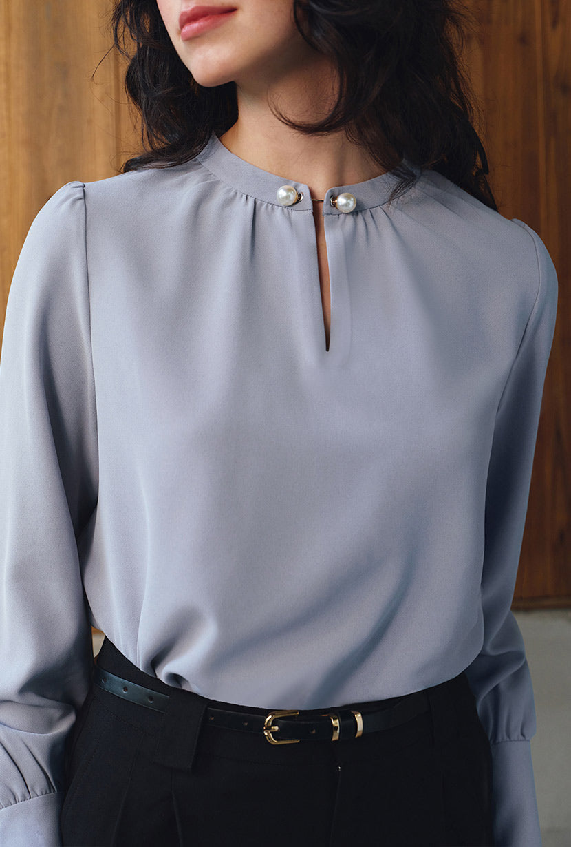 Petite Studio's Office-Appropriate Buvette Pearl Blouse in Dusty Blue