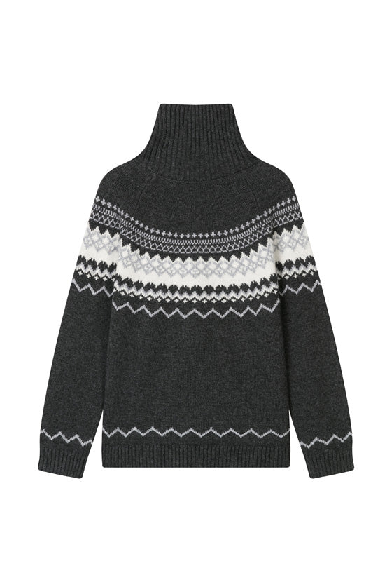 Petite Studio's Cohen Fair Isle Wool Cardigan in Charcoal 