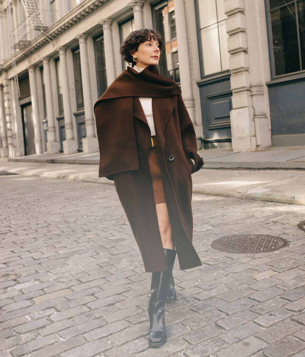 Influencer walking on streets of Soho in Mocha Wool coat by Petite Studio